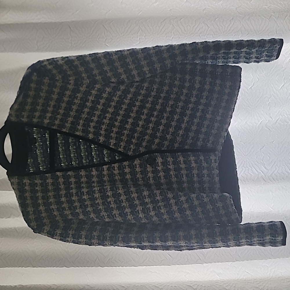 Blue green and white checked knit blazer with black trim